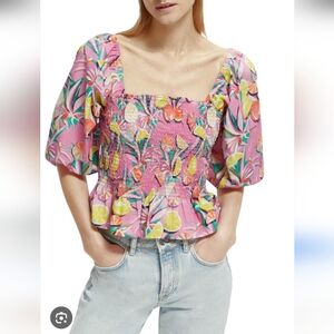 Scotch & Soda Ruched Puff Sleeve Pink Floral Top